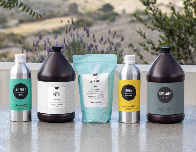 Bulk size packaging of our single essential oil, synergy bend, body oil and carrier oil