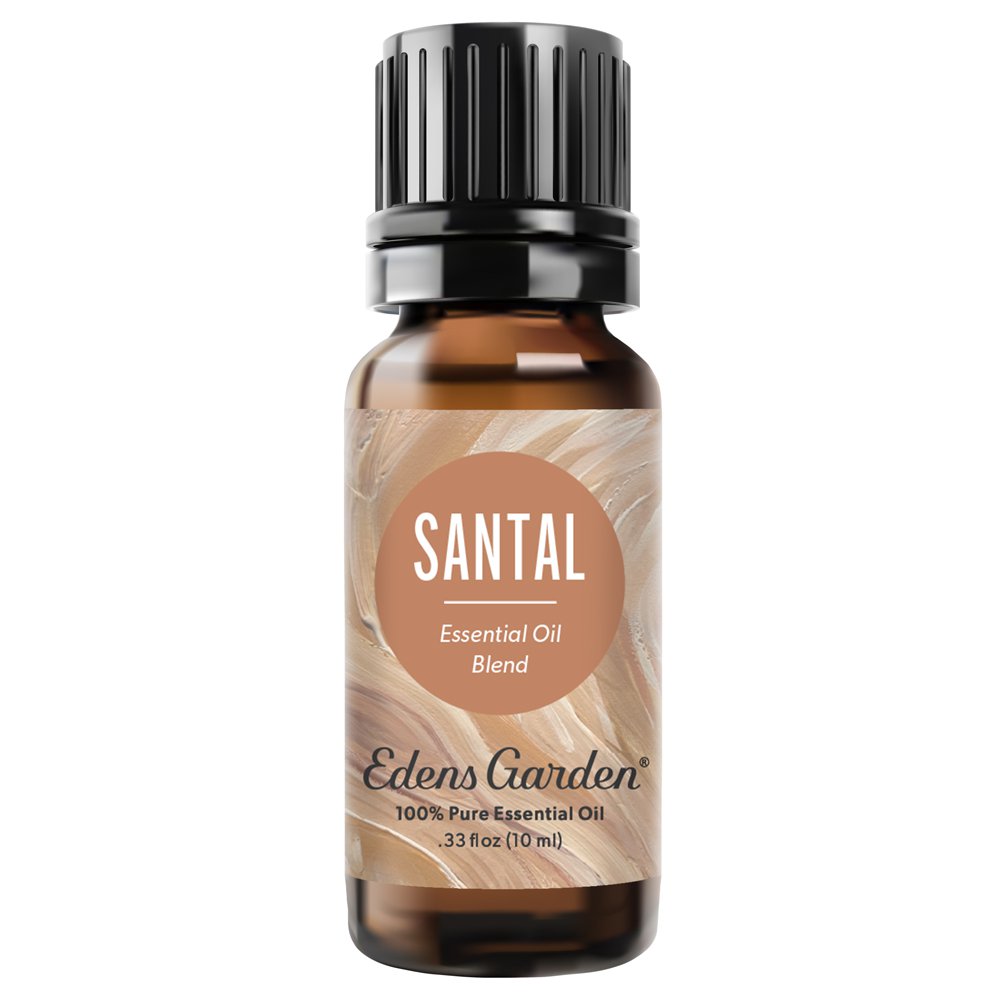 Edens Garden Santal Essential Oil Blend in a 10 ml amber glass bottle with a black ribbed cap, on a white background.