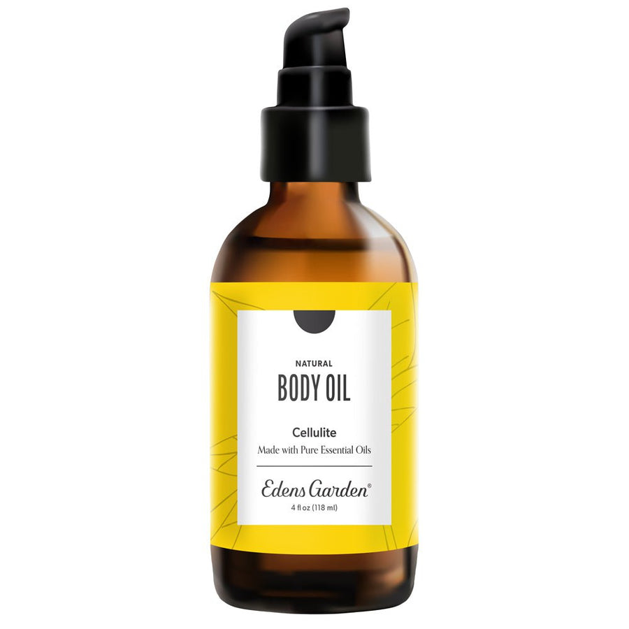 Amber glass bottle of Edens Garden body oil on a white background