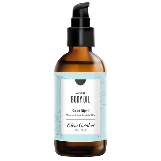 Bottle of Edens Garden Natural Body Oil with a pump on a white background