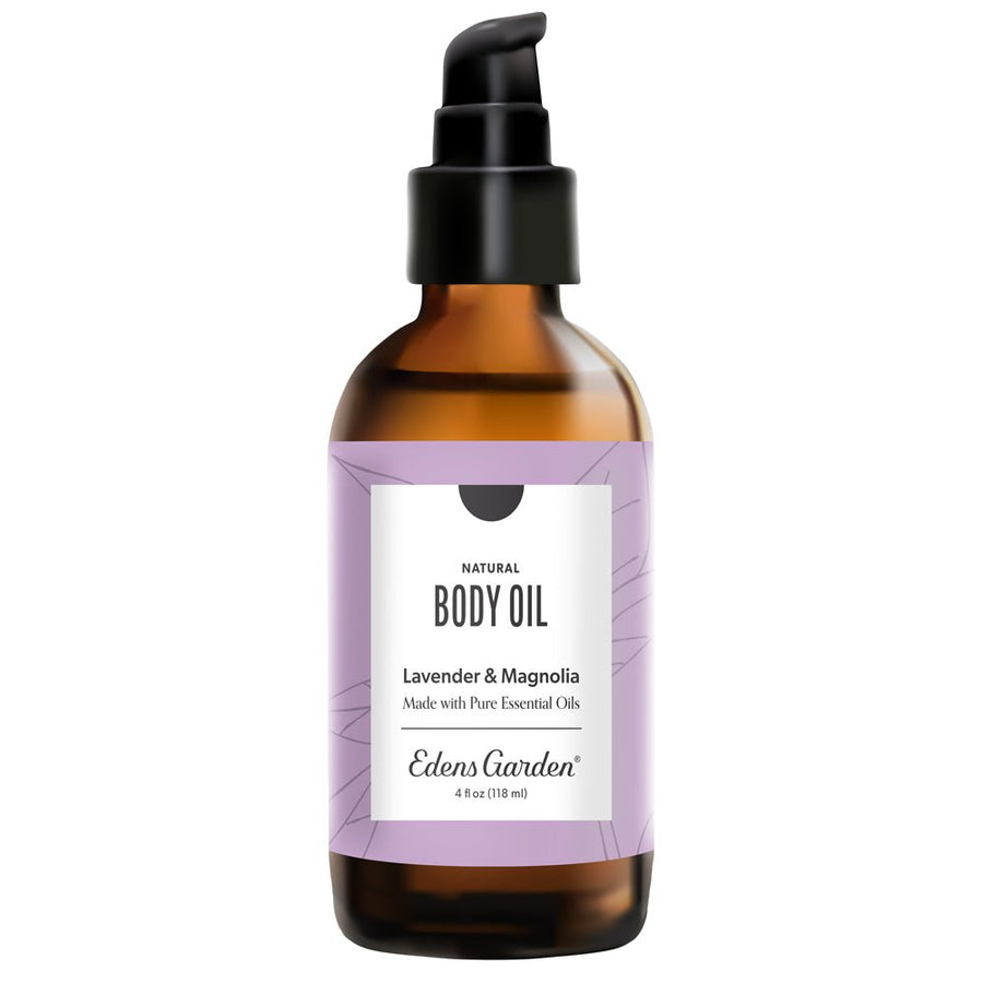 Amber glass bottle of Edens Garden Lavender & Magnolia body oil on a white background