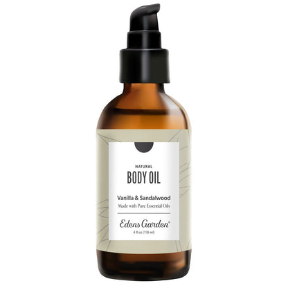 Brown bottle of Edens Garden Vanilla & Sandalwood body oil on a white background