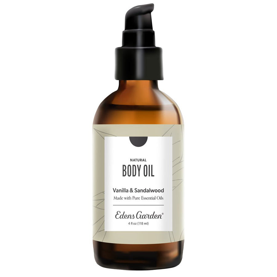 Brown bottle of Edens Garden Vanilla & Sandalwood body oil on a white background