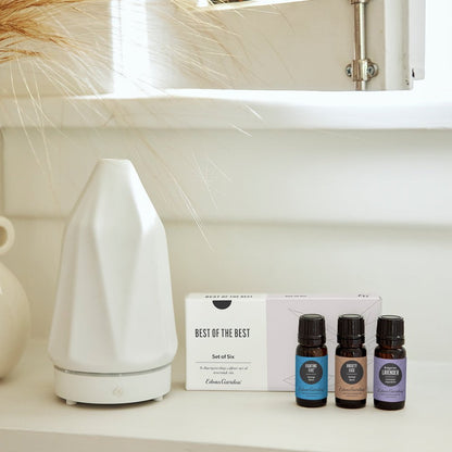 White diffuser and essential oil bottles on a shelf with a 'Best of the Best' box.