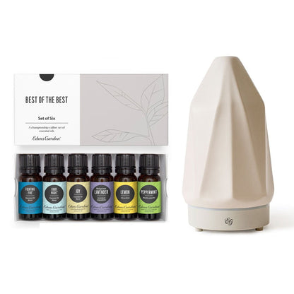 Set of six essential oil bottles with a diffuser on a white background