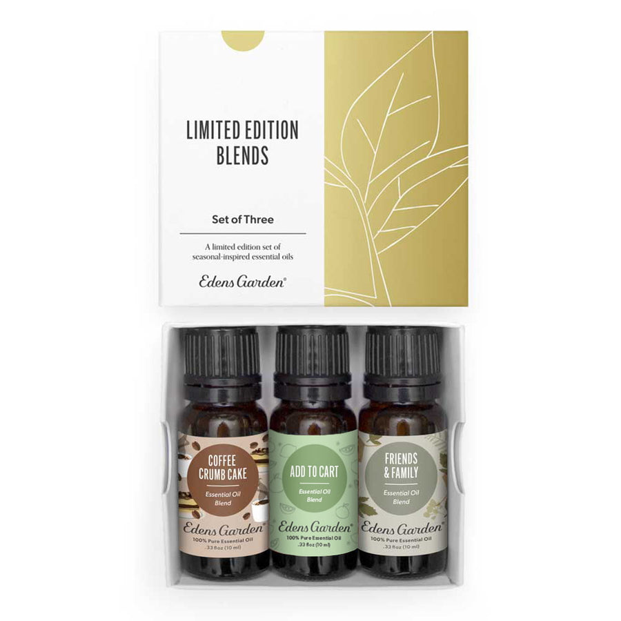 Edens Garden Limited Edition Blends set of three essential oils in a clear plastic tray with a white and gold header card.
