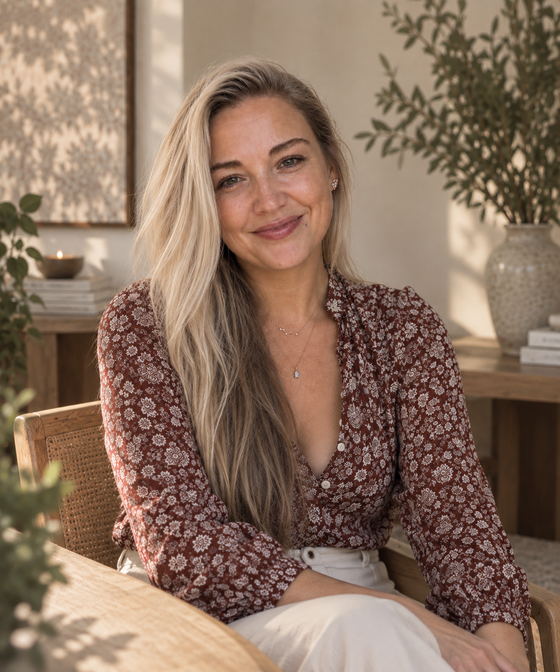 A smiling blonde woman seated indoors wearing a long-sleeve button-front blouse with a muted floral pattern in brown and cream, paired with white pants. The photo is styled in a warm, sunlit room with plants, wood furniture, and neutral decor.