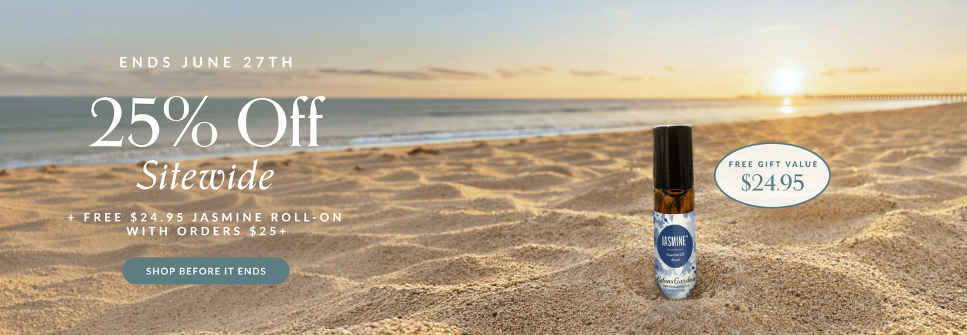 Roll-on bottle on a beach with promotional text overlay