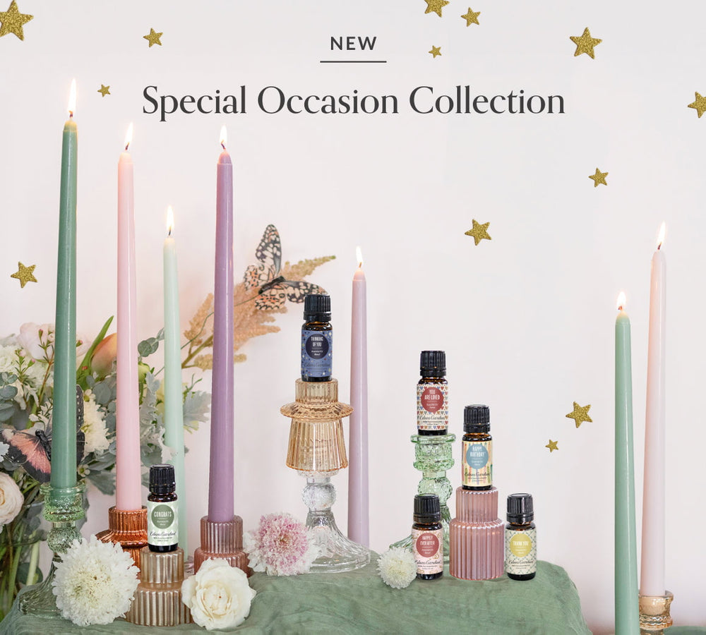 New Special Occasion Essential Oil Blends on a White Whimsical Background 