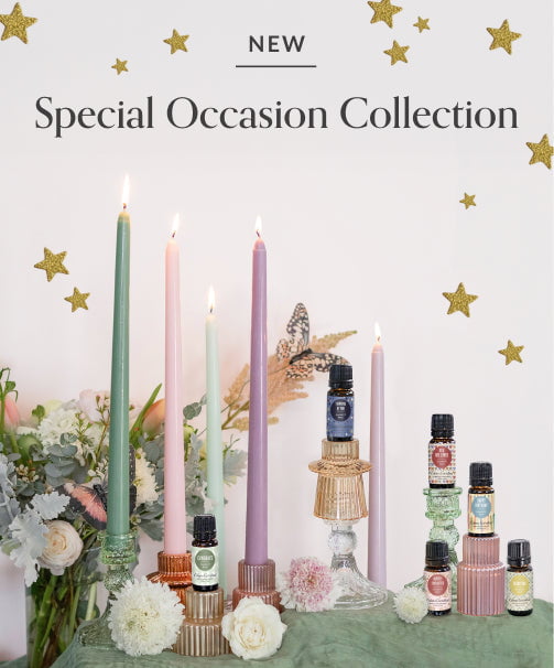 New Special Occasion Essential Oil Blends on a White Whimsical Background 