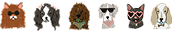 A row of illustrated animal and creature faces in a narrow horizontal strip against a white background, including a brown bear, a black-and-white cat, a blue bird, a dog with sunglasses, a white cat with sunglasses, a pink dog, a black cat, a white cat with sunglasses, and a pink dog with sunglasses.