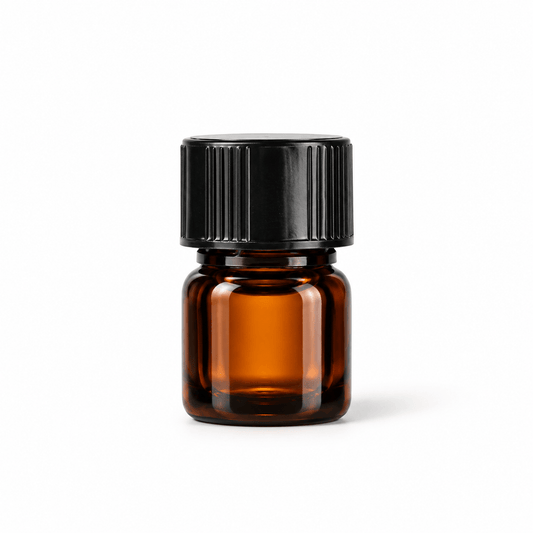 A square, high-end, unlabeled 0.92 ml amber sample vial, with black ribbed euro-dropper cap, centered on white background.