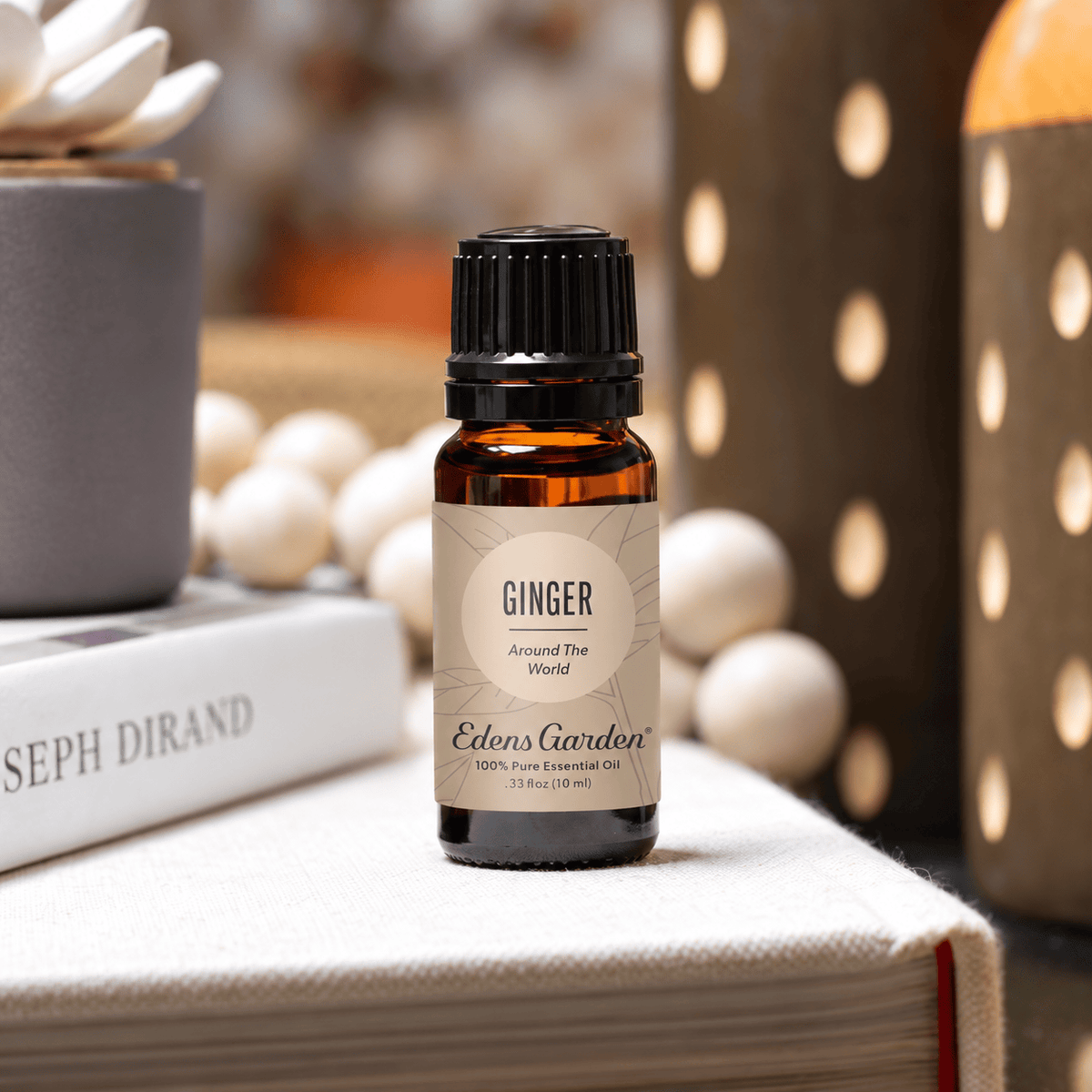 Edens Garden Ginger Around The World 10 ml amber bottle on a book beside a flower diffuser and patterned vases.