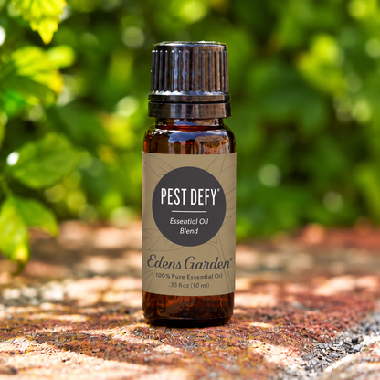 Edens Garden Pest Defy 10 ml amber bottle on a sunlit brick surface with garden foliage.