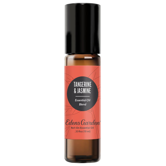 A roll-on essential oil bottle with a label that reads 'Tangerine & Jasmine Essential Oil Blend' from Edens Garden.
