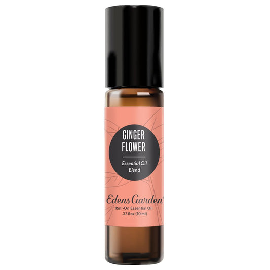 A black roll-on essential oil bottle with a label reading 'Ginger Flower Essential Oil Blend' by Edens Garden.