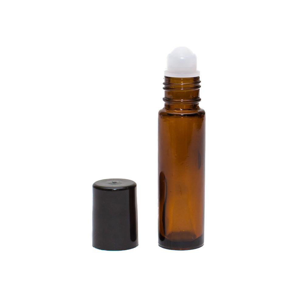 Empty amber glass roll-on 10 ml bottle with cap removed